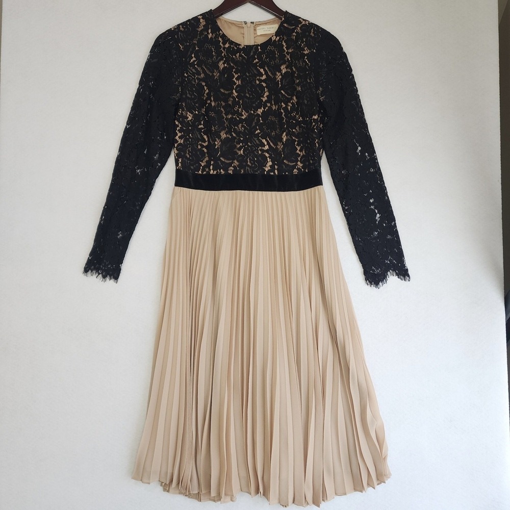 Rachel Parcell Maxi Dress Womens Medium Black Beige Floral Lace Pleated Back Zip
